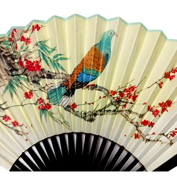 Chinese Folding Hand Fan Dove Floral CAAC VTG Decor 🕊️🌸 - Picture 2 of 16